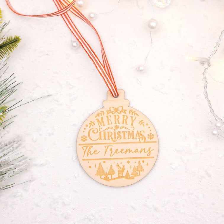 Wood Engraved Family Name Christmas Bauble