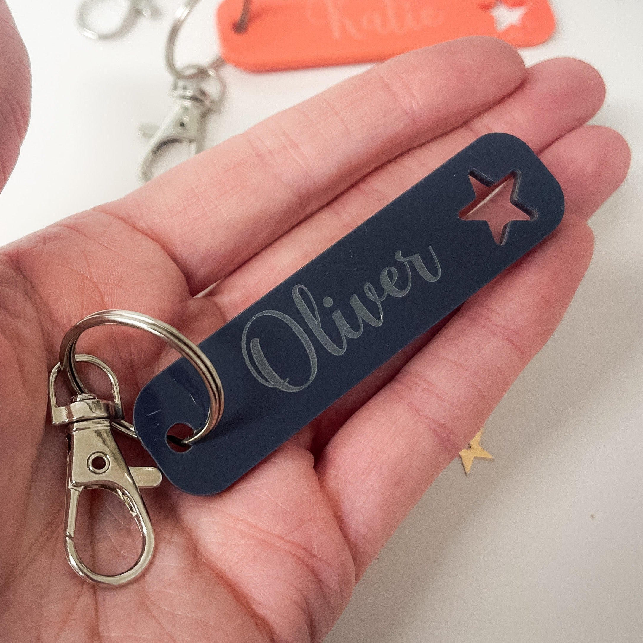 Personalised Rectangle Backpack Keyring with Cut Out Star