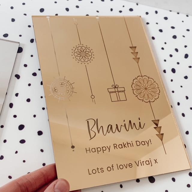 Gold Mirror Engraved Happy Rakhi Day Greetings Card